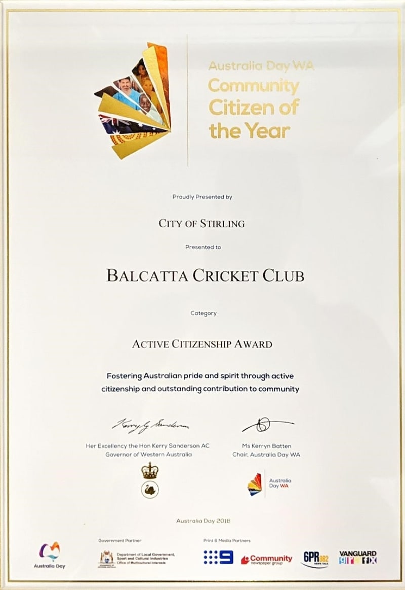 City of Stirling Active Citizenship Award presented to Balcatta Cricket Club