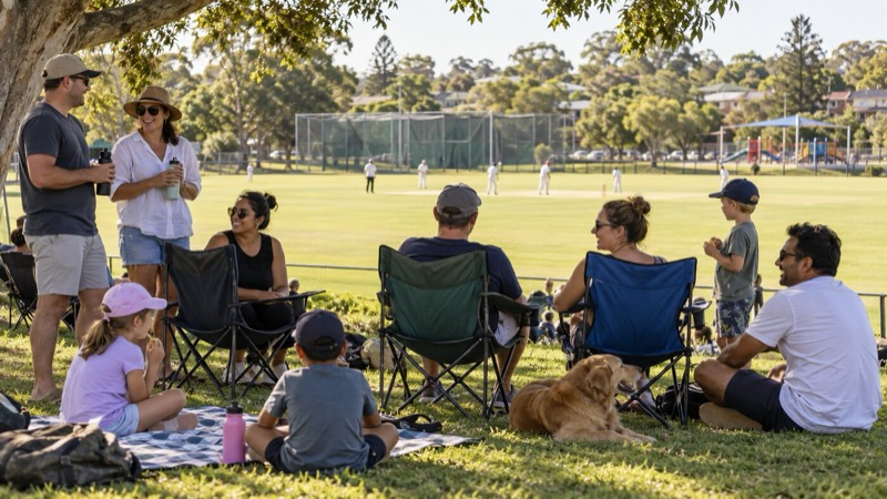 Families and supporters watching community cricket